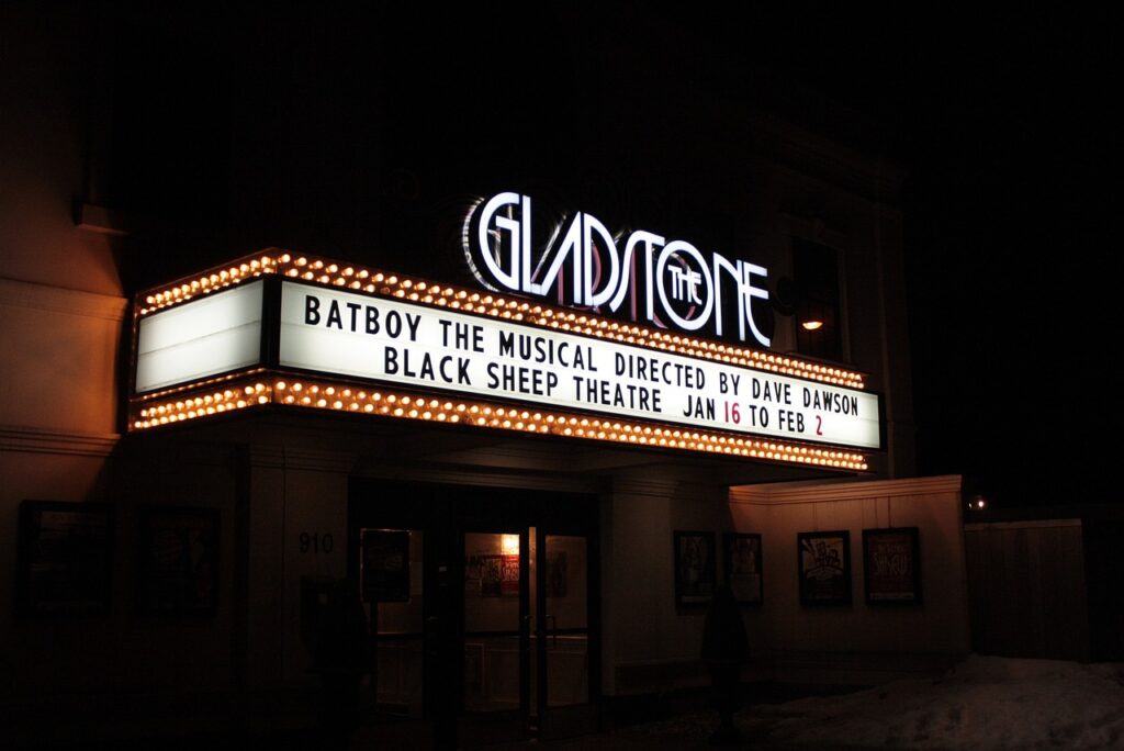 Broadway theater marquee at night